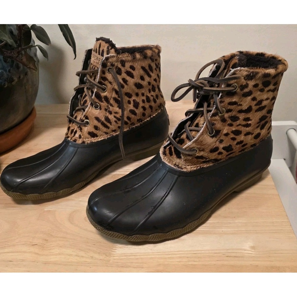 Sperry Saltwater STS86775 Duck Boots Womens 10 Tan Leopard Print Lace Up Rain